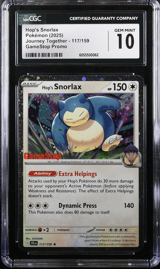 Hop's Snorlax 117/159 Gamestop Promo Journey Together Pokemon CGC 10 Gem Mint