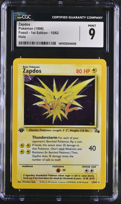 Zapdos 15/62 Holo Fossil - 1st Ed. Pokemon CGC 9 Mint