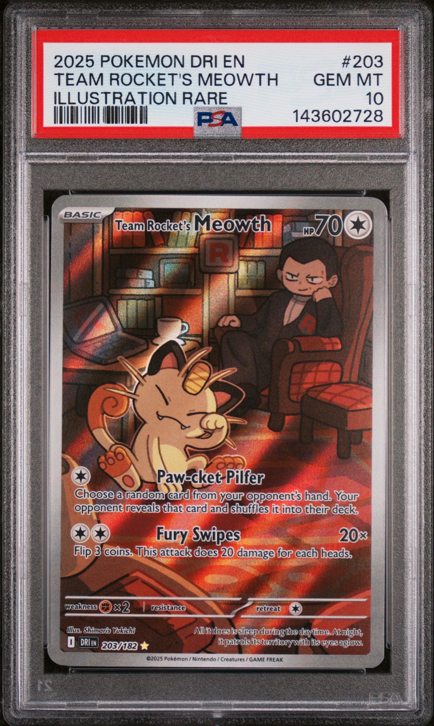 Team Rocket's Meowth 203/182 Illustration Rare Pokemon PSA 10