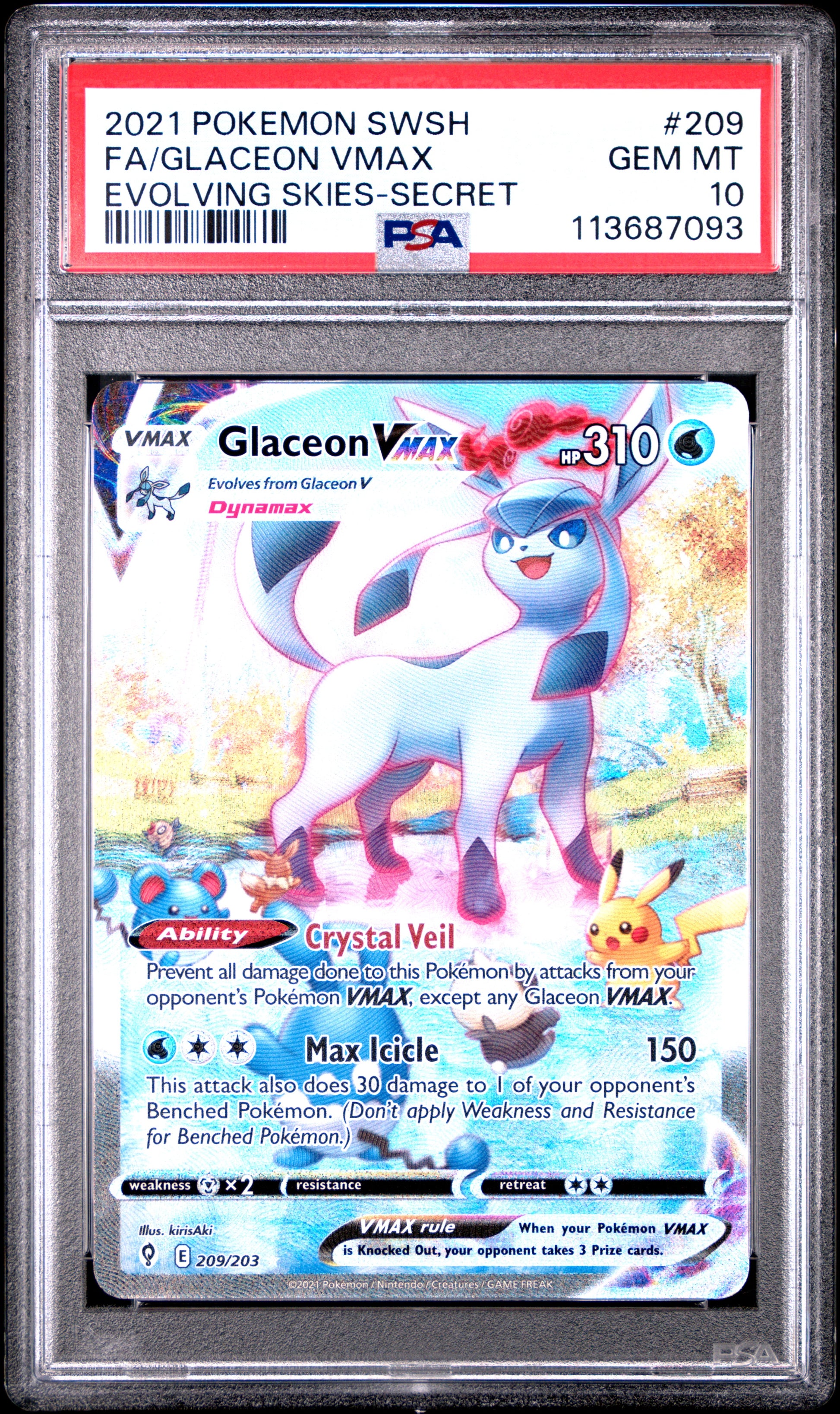 Glaceon Vmax 209/203 Secret Evolving Skies Pokemon PSA 10