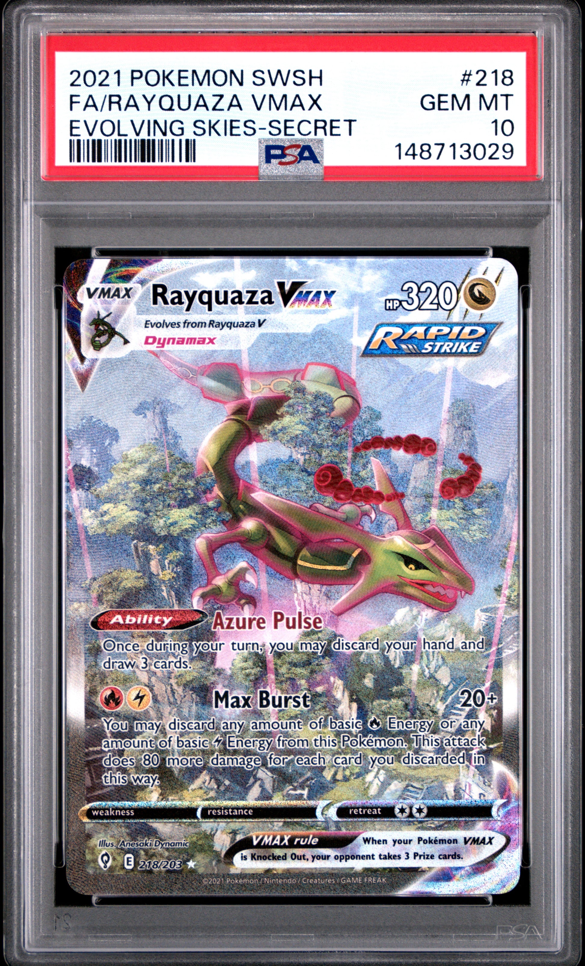 Rayquaza Vmax 218/203 Secret Evolving Skies Pokemon PSA 10